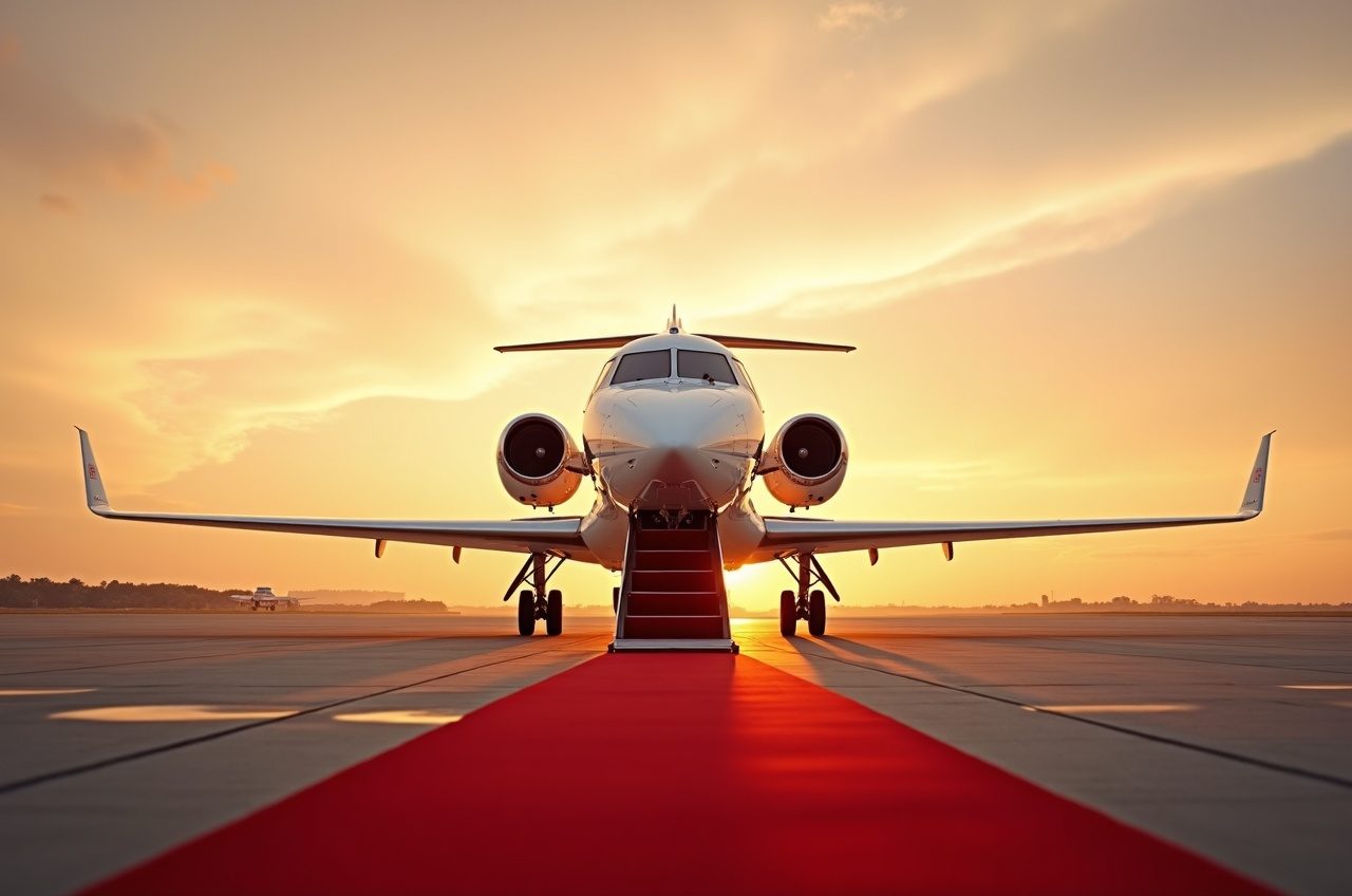 Частный бизнес-джет на лётном поле на закате
