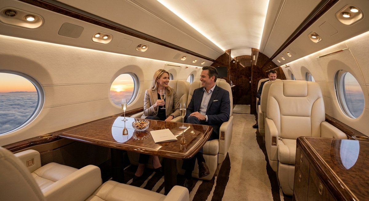 Интерьер салона бизнес-джета Jet Concierge с кожаными креслами
